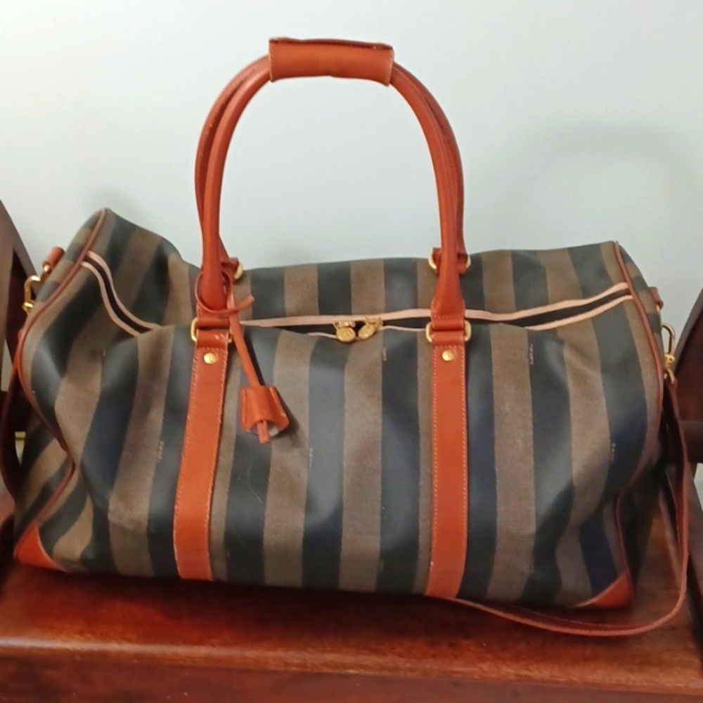 Vintage *RARE* Fendi Pequin Stripe & Cognac Duffle/Weekender Bag (Large 50cm) - Picture 2 of 10